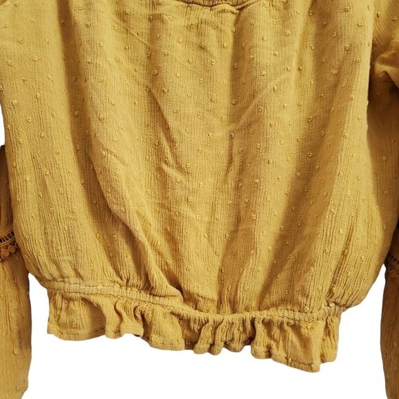 Lulus Blouse Small Off The Shoulder‎ Mustard Yellow Sunny Story Bell Sleeve Top - Picture 3 of 11